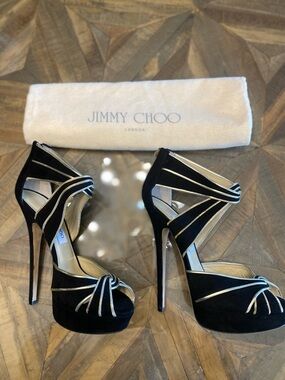 Jimmy Choo Black Suede Platform Sandals with Gold Piping
